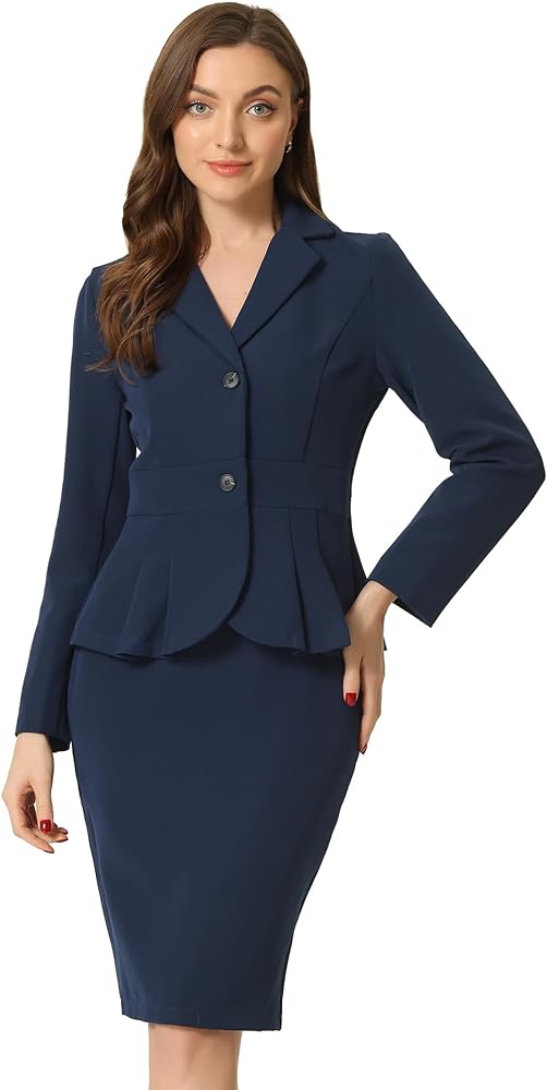 Allegra K Skirt Suit Sets for Women's 2 Piece Formal Office Notched Lapel Peplum Jacket Blazer Pencil Skirts Set