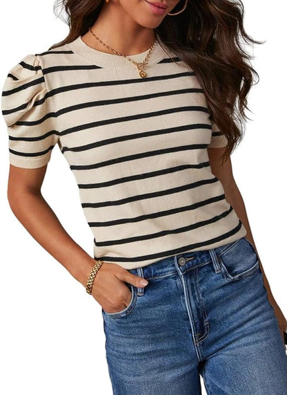 Dokotoo Women's Short Puff Sleeve Knit Tops 2024 Trendy Crewneck Striped T Shirts Casual Summer Blouses